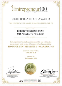 Singapore Entrepreneur 100 Award 2024 certificate presented to Derek Tiong Ing Tung, MD Projects Pte Ltd