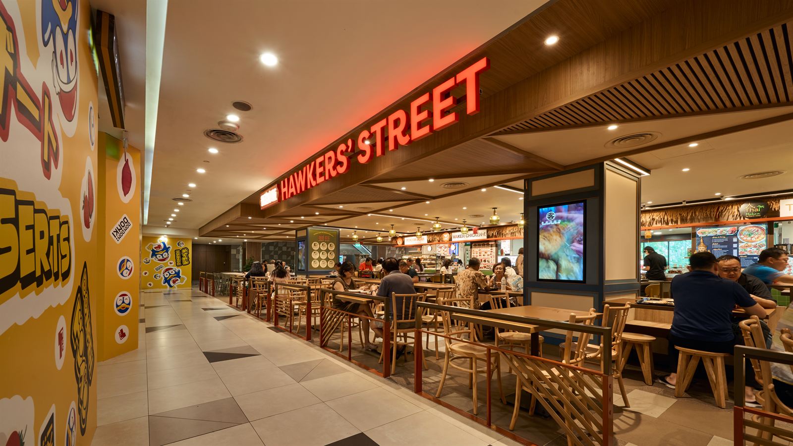 Hawkers' Street hawker food hall interior at Bukit Panjang Plaza, fit-out by MD Projects, view 2