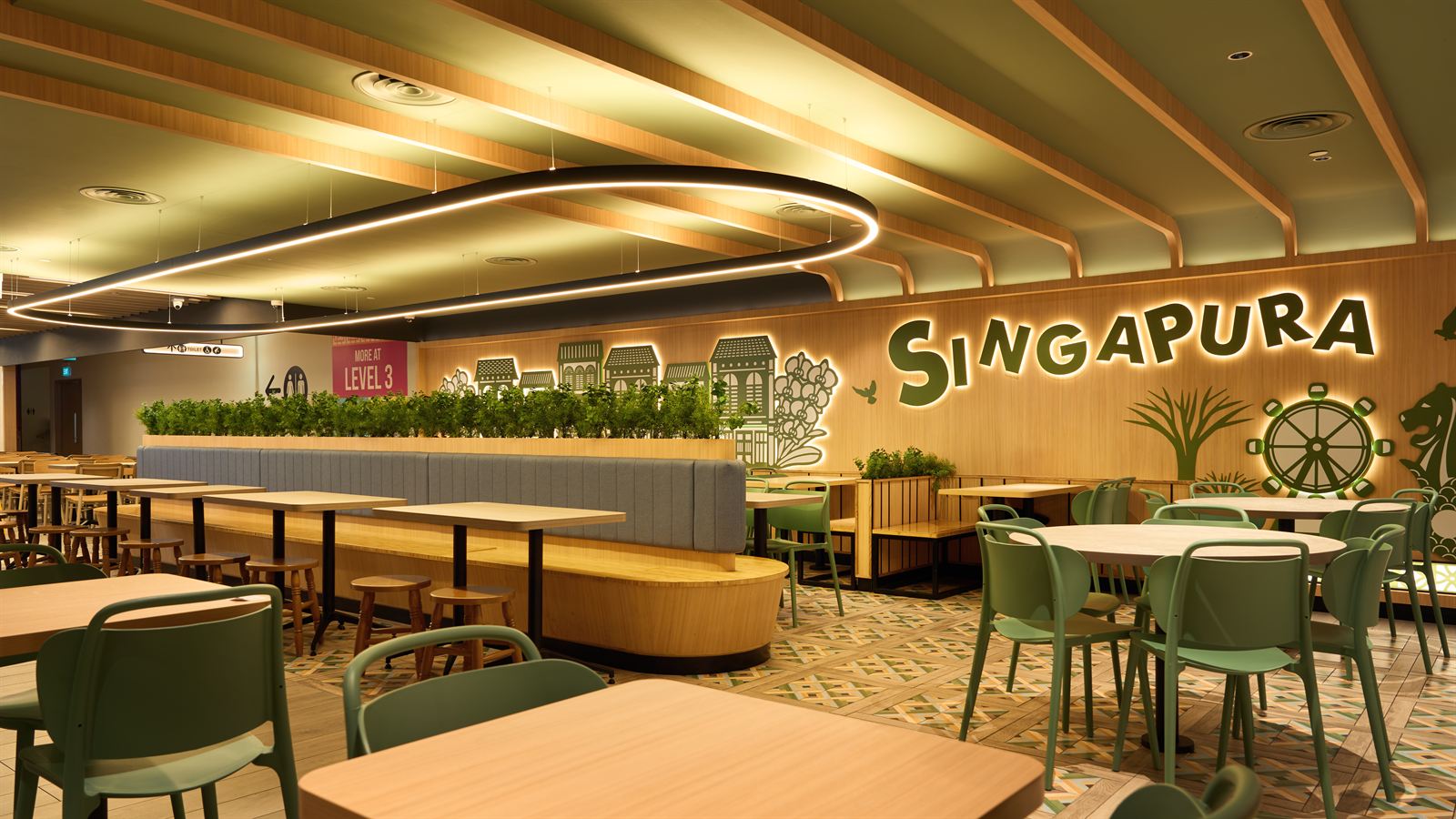 Hawkers' Street hawker food hall interior at Tangs Plaza, fit-out by MD Projects, view 2