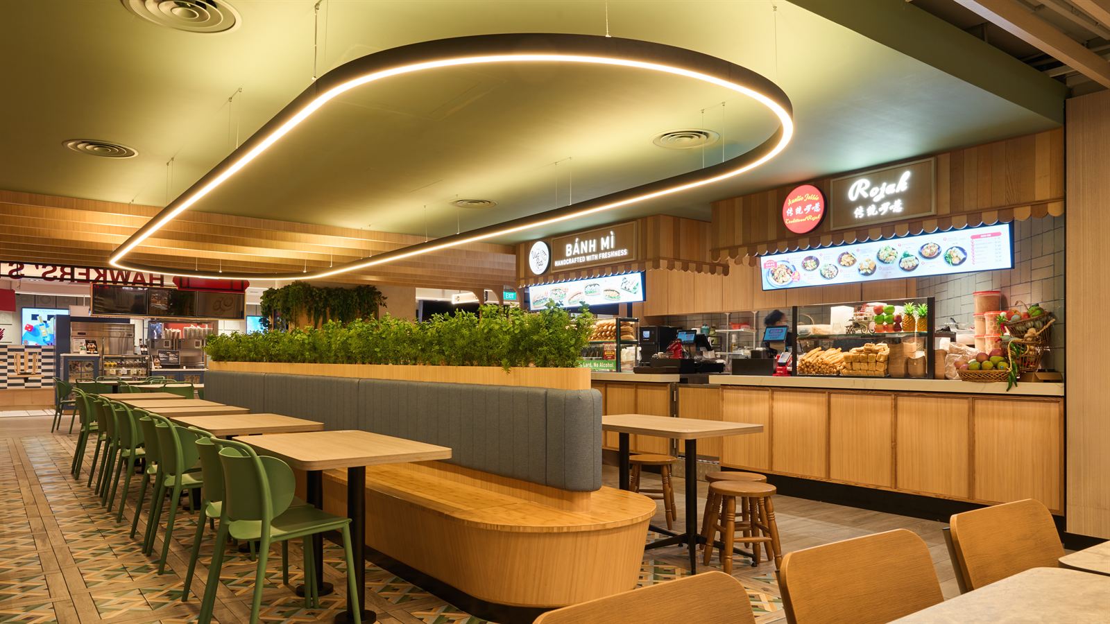 Hawkers' Street hawker food hall interior at Tangs Plaza, fit-out by MD Projects, view 3