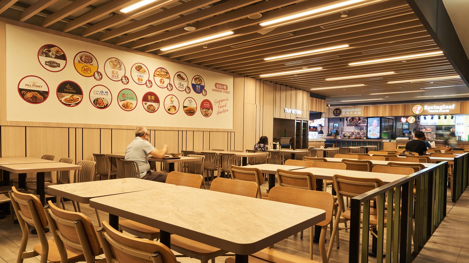 Hawkers' Street hawker food hall interior at Tangs Plaza, fit-out by MD Projects, view 4