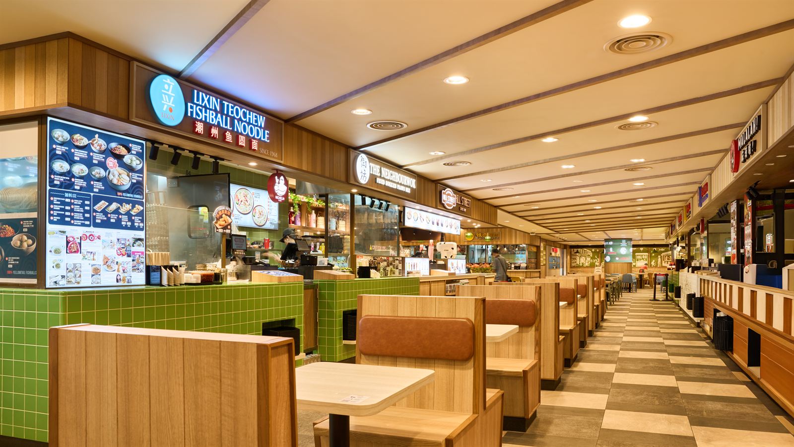 Hawkers' Street hawker food hall interior at The Clementi Mall, fit-out by MD Projects, view 2