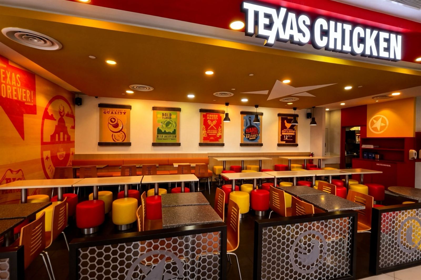 TEXAS CHICKEN fast-casual restaurant interior at NEX Serangoon, fit-out by MD Projects, view 3